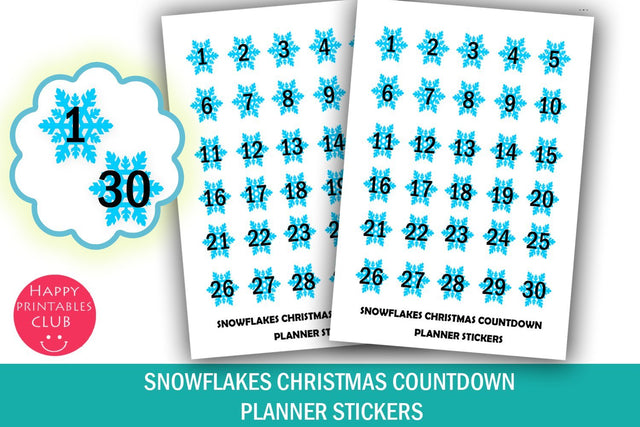 Snowflakes Christmas Countdown Planner Stickers-30 Days Xmas SVG Happy Printables Club 