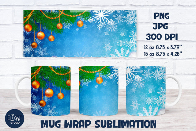 Snowflakes Mug Wrap Sublimation, Christmas Mug Sublimation, Ornaments PNG Coffee Mug Design. Sublimation Elinorka 