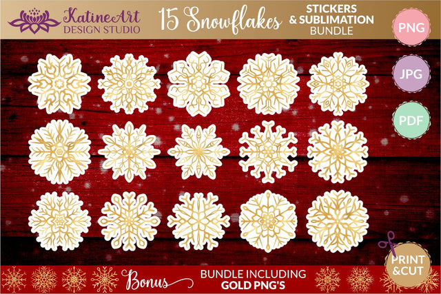 Snowflakes Sticker Bundle 15 Gold Christmas Winter Printable for Print And Cut, Sublimation. SVG KatineArt 