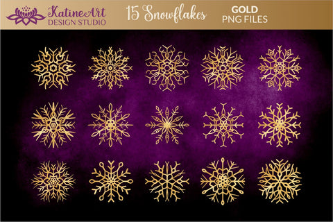 Snowflakes Sticker Bundle 15 Gold Christmas Winter Printable for Print And Cut, Sublimation. SVG KatineArt 
