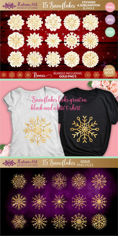 Snowflakes Sticker Bundle 15 Gold Christmas Winter Printable for Print And Cut, Sublimation. SVG KatineArt 