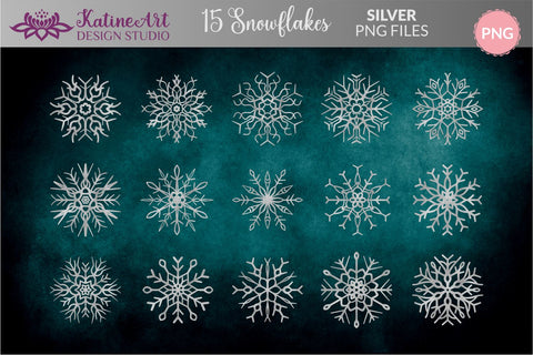 Snowflakes Sticker Bundle 15 Silver Christmas Winter Printable for Print And Cut, Sublimation. SVG KatineArt 