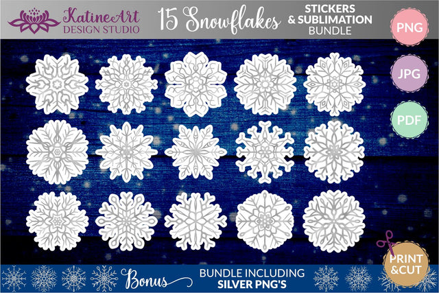 Snowflakes Sticker Bundle 15 Silver Christmas Winter Printable for Print And Cut, Sublimation. SVG KatineArt 