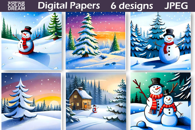 Snowman Christmas Digital Paper | Christmas Tree Background Digital Pattern WatercolorColorDream 