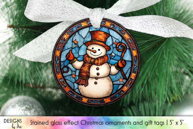 Snowman Christmas Ornament Stained Glass Design Sublimation Designs by Ira 