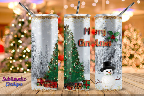 Snowman & Christmas Tree on Winter landscape Skinny Tumbler Wrap Sublimation Sublimatiz Designs 
