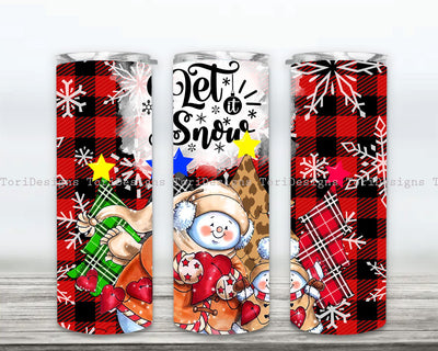 Snowman Let it Snow Red Plaid PNG Seamless Sublimation Designs Downloads, Snowman Tumbler Wrap Design Sublimation ToriDesigns 