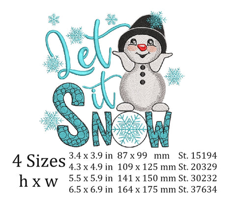 Snowman Machine Embroidery Design , Let it snow embroidery , winter embroidery, 4 sizes, instant download. SVG ArtEMByNatalia 
