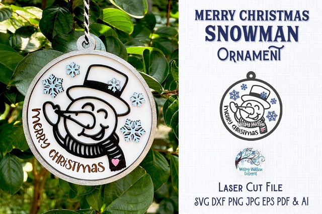 Snowman Merry Christmas Ornament File for Glowforge or Laser Cutter SVG Wispy Willow Designs 