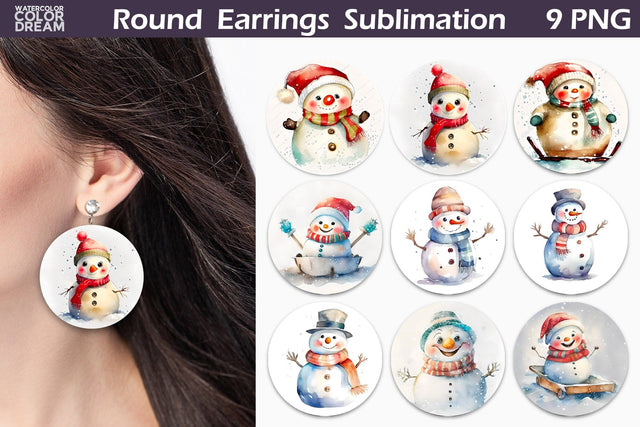 Snowman Round Earrings | Winter Earrings Bundle Sublimation WatercolorColorDream 