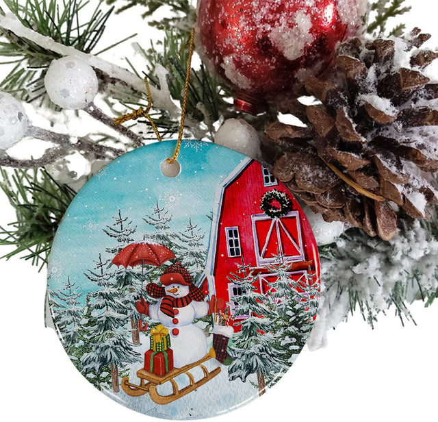 Snowman Round Ornament Sublimation Design Template Winter Scene Country Barn Png Digital Download Sublimation CaldwellArt 