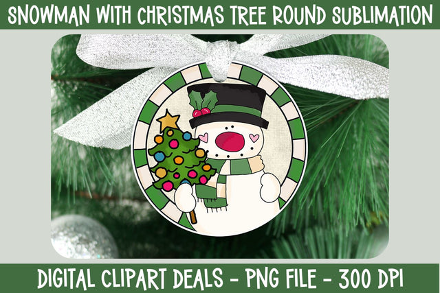 Snowman with Christmas Tree Round Sublimation PNG Design Sublimation Digital Clipart Deals 