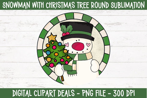 Snowman with Christmas Tree Round Sublimation PNG Design Sublimation Digital Clipart Deals 