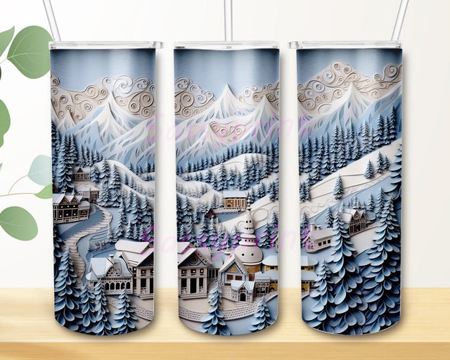 Snowy Mountain Village Scene 20oz Skinny Tumbler Png, Mountain Tumbler, Forest Tumbler Gift Png, 3D Tumbler, Winter Tumbler Wrap Sublimation sassyprint 