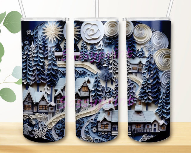 Snowy Mountain Village Scene 20oz Skinny Tumbler Png, Mountain Tumbler, Forest Tumbler Gift Png, 3D Tumbler, Winter Tumbler Wrap Sublimation sassyprint 