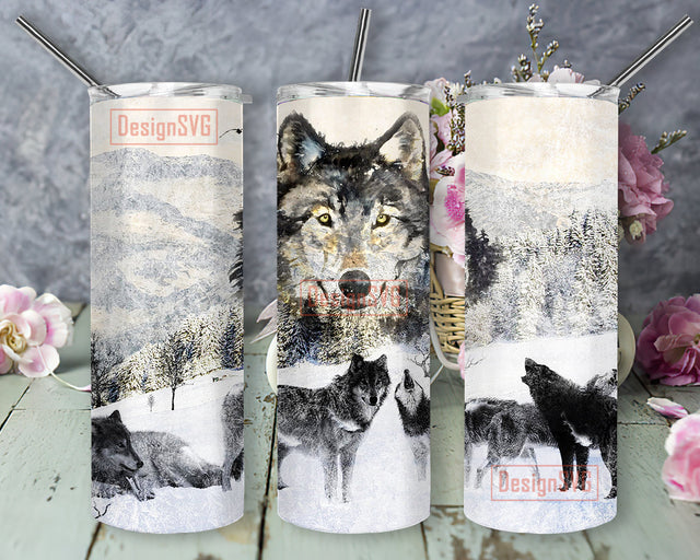 Snowy Wolves 20oz Skinny Tumbler, Winter Wolves Tumbler Wrap, Wolf Sublimation Design, Snow Forest Tumbler Png, Instant Download Sublimation DesignSVG 