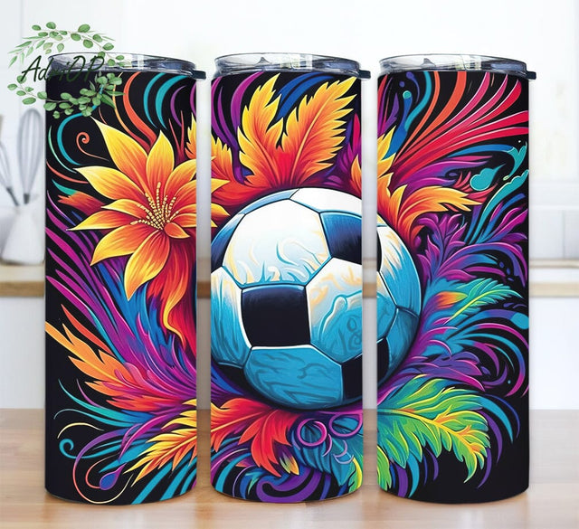 Soccer Ball Flowers 20oz Skinny Tumbler Png, Rainbow Soccer Ball Tumbler, Noen Soccer Ball Png, Soccer Ball By Neon Glow Style Floral Tumbler Sublimation AdriOP 