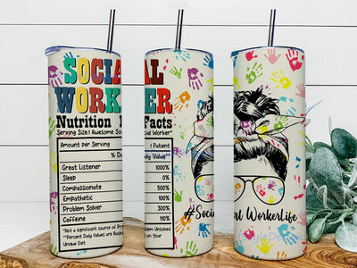 Social Worker Nutrition Fact 20oz Skinny Tumbler Png, Appreciation Graduation Gifts, Colorful Social Tree Messy Bun Hair Tumbler, Social Worker Life Png Sublimation iStyleDesign 