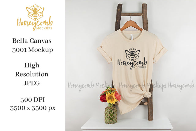 Soft Cream Bella Canvas 3001 Mockup, Hanging Ladder Mockup, Women's T-Shirt Mockup Mock Up Photo Honeycomb Mockups 