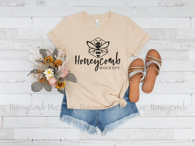 Soft Cream Bella Canvas 3001 Mockup, Women's T-Shirt Mockup Mock Up Photo Honeycomb Mockups 