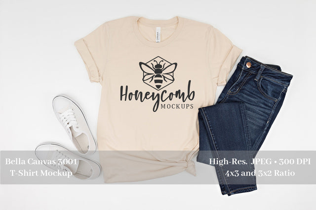 Soft Cream Bella Canvas 3001 Mockup, Women's T-Shirt Mockup Mock Up Photo Honeycomb Mockups 