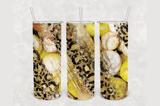 Softball Leopard Gold Glitter Brush Tumbler sublimation design 20 oz skinny tumbler wrap Sublimation BambinaCreations 