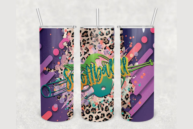 Softball Leopard Print Glitter Tumbler sublimation design 20 oz skinny tumbler wrap Sublimation BambinaCreations 