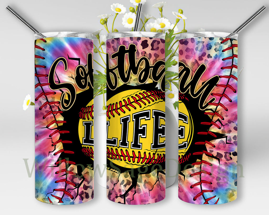 Softball Life Design Png, Softball Leopard 20oz Skinny Tumbler, Tie Dye ...