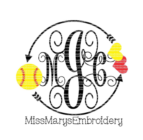 Softball Mom Monogram Arrow Ring SVG MissMarysEmbroidery 