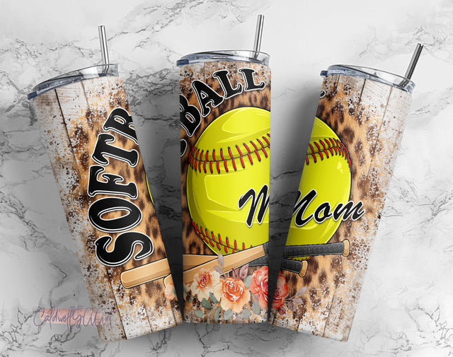 Softball mom tumbler PNG design Wood leopard sport 20 oz skinny tumbler Sublimation CaldwellArt 