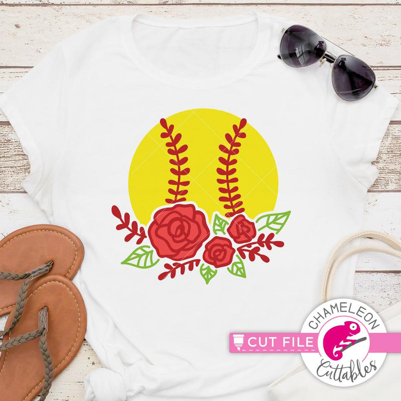 Softball with Flowers - Roses - Baseball - Shirt design - SVG - So Fontsy