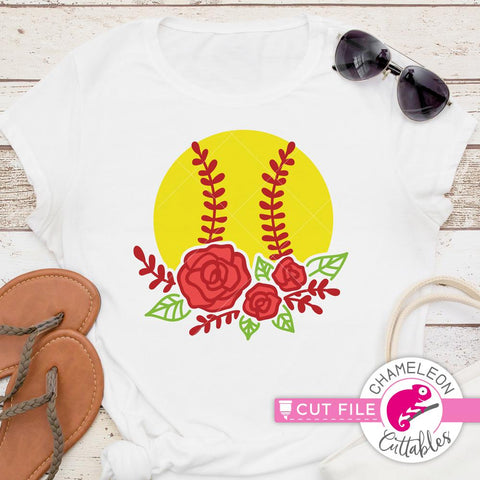 Softball with Flowers - Roses - Baseball - Shirt design - SVG SVG Chameleon Cuttables 
