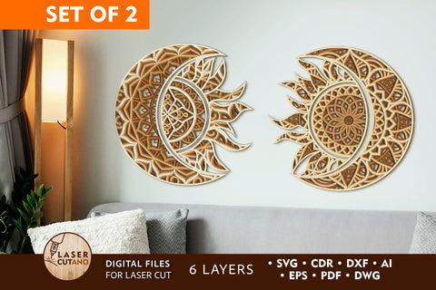 Solar Eclipse Laser Cut Wood Wall Art Sun and Moon SVG LaserCutano 