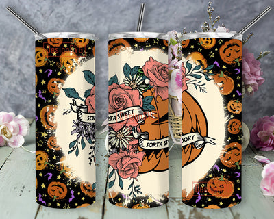 Sorta Sweet Sorta Spooky Tumbler Wrap, Floral Pumpkin Png, 20 oz Tumbler Wrap, Halloween Tumbler Wrap, Spooky Tumbler Sublimation DesignSVG 