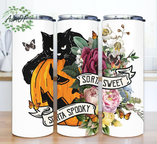 Sorta Sweet Sorta Steleton Spooky 20oz Skinny Tumbler Png, Floral Pumpkin, Halloween Png, Black Cat Pumpkin Tumbler Png Sublimation AdriOP 