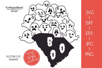 South Carolina SC state map Cute Halloween Boo scary ghosts faces SVG DXF EPS PNG JPEG SVG FunPaperWood 