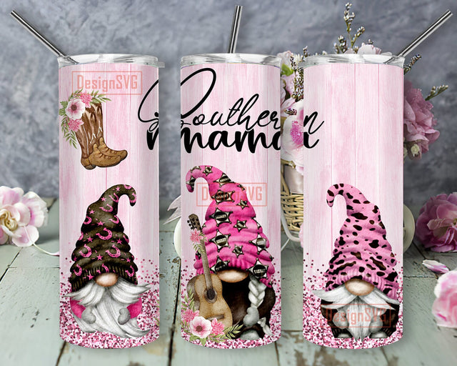 Southern Mama 20oz Skinny Tumbler, Pink Gnome Tumbler Png, Cowgirl Gnome Sublimation Png, Pink Wood Tumbler Wrap, Gnome Tumbler With Lid And Straw, Digital Download Sublimation DesignSVG 