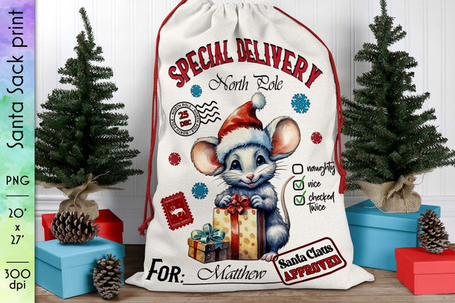 Special Delivery Santa Sack with Little Mouse PNG Sublimation Designs by Ira 