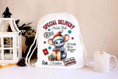Special Delivery Santa Sack with Little Mouse PNG Sublimation Designs by Ira 