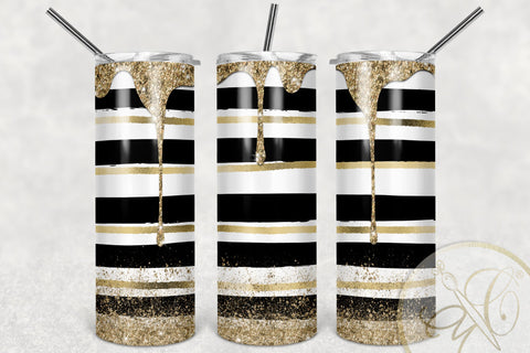 Spill Glitter Skinny Tumbler 20oz | Black Stripes| Gold glitter Sublimation Marlene Campos 