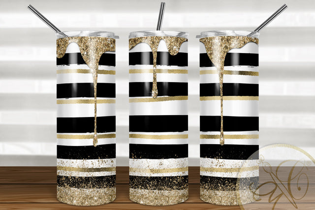 Spill Glitter Skinny Tumbler 20oz | Black Stripes| Gold glitter Sublimation Marlene Campos 