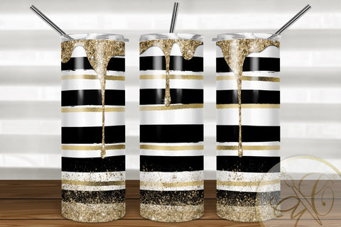 Spill Glitter Skinny Tumbler 20oz | Black Stripes| Gold glitter Sublimation Marlene Campos 