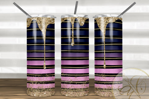Spill Glitter Skinny Tumbler 20oz | Black Stripes| Gold, Navy, Pink Sublimation Marlene Campos 