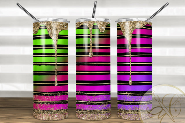 Spill Glitter Skinny Tumbler 20oz | Black Stripes| Gold, Neon Sublimation Marlene Campos 