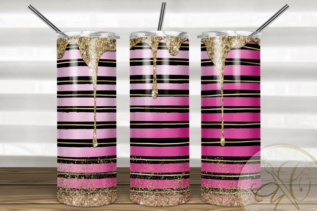 Spill Glitter Skinny Tumbler 20oz | Black Stripes| Gold, Pink Degrading Sublimation Marlene Campos 