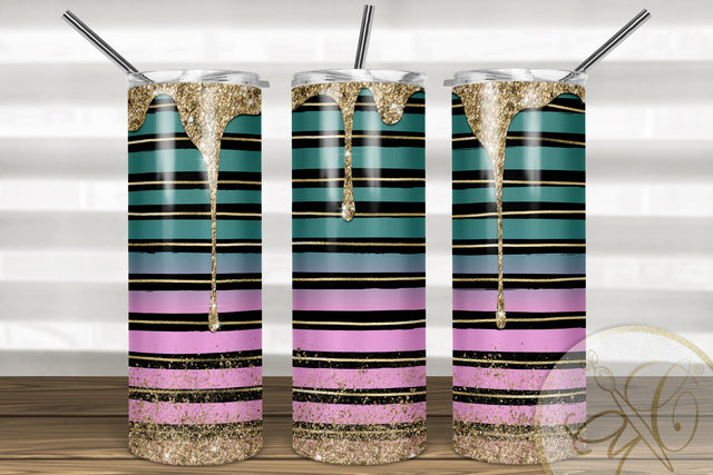 Spill Glitter Skinny Tumbler 20oz | Black Stripes| Gold, Pink, Turquoise Sublimation Marlene Campos 