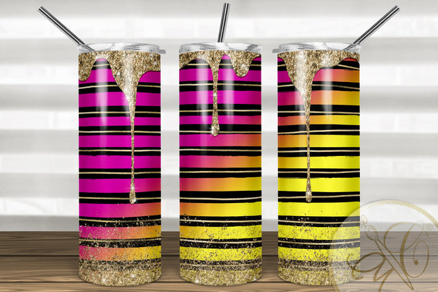 Spill Glitter Skinny Tumbler 20oz | Black Stripes| Gold, Pink, Yellow, Neon Sublimation Marlene Campos 