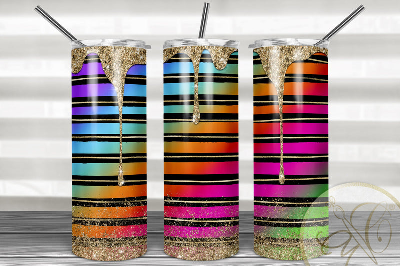 Spill Glitter Skinny Tumbler 20oz | Black Stripes| Gold, Rainbow Sublimation Marlene Campos 