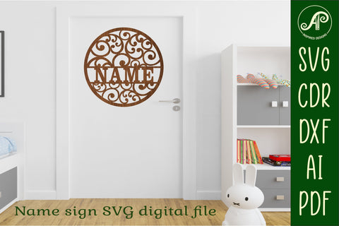 Spiral, swirl name sign, SVG, pattern themed door or wall hanger, Laser cut template, instant download Vector file Ai, Cdr, Dxf SVG APInspireddesigns 