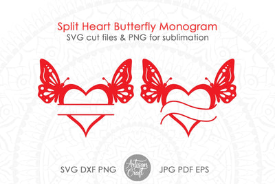 Split heart monogram SVG, butterfly heart SVG Artisan Craft SVG 